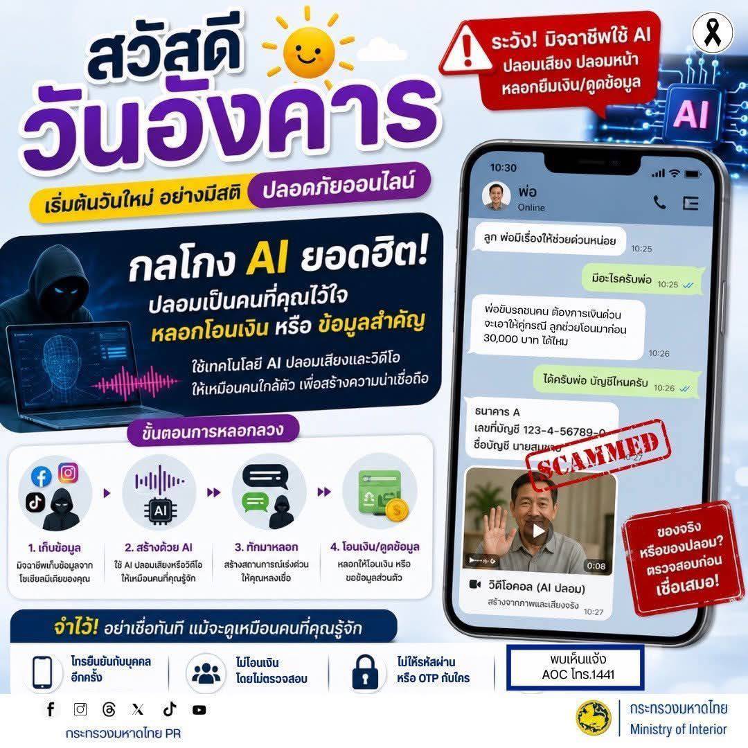 CDD MUEANG : GROWTH TEAM PLUS + MUEANG BURIRAM 📢 จังหวัดบุรีรัมย์ -สพอ.เมืองบุรีรัมย์ ประชาสัมพันธ์เตือนภัยออนไลน์ มิจฉาชีพใช้ AI ปลอมเสียง–ปลอมหน้า หลอกโอนเงิน